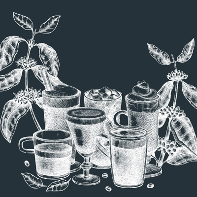 Hand-sketched coffee card design on chalkboard . With vector sketches of aromatic drinks in mugs and glasses. With botanical coffee plants, leaves and beans in vintage style. Vector beverages design